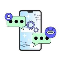 AI customer service agents interact via smartphone. Two speech the human user and thbubbles represente AI. relevant technology and automation in customer service vector