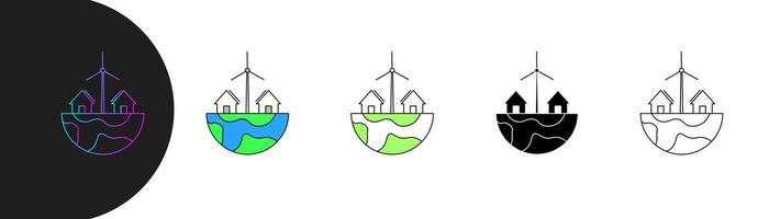 half globe icon with houses and wind turbines, symbolizing sustainable living, renewable energy and eco-friendly communities. includes style, gradient, colored, outline. editable stroke vector