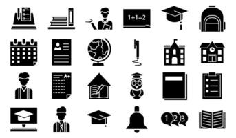 A collection of black and white education icons representing various academic elements such as books, teachers, school buildings, graduation caps, a globe, and writing tools vector