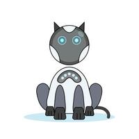 Futuristic AI robot cat. has a round head, glowing blue eyes, and a white and gray body. The cat is sitting and a small tail curls behind it. relevant to technology, robotics, and futuristic. vector