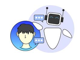 AI companion interacts with humans. featuring a robot with a screen showing a friendly expression, and a human figure with a speech bubble. symbolizes communication and technology. vector