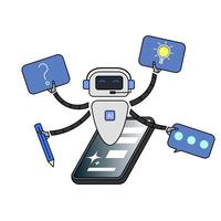AI assistant robot with smartphone has four arms, holding different item icons. Relevant to AI assistance in various tasks, answering questions, giving ideas, writing, and communicating. vector