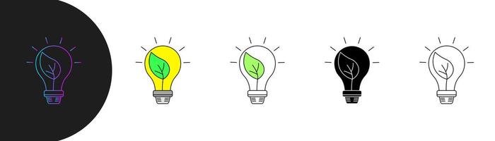 Eco friendly light bulb icon set with minimalist line design, featuring leaves inside to symbolize green energy and sustainability. With gradient, fill, solid and line variations. Editable stroke vector