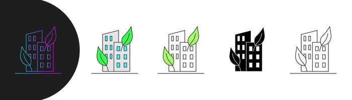 modern eco friendly building icon combining green elements, symbolizing sustainable architecture, urban ecology and environmental awareness. includes style, gradient, colored, outline. editable stroke vector