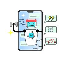The AI personal trainer is represented by a robot that appears from a smartphone screen and has a microchip labeled AI. The robot holds a dumbbell in one hand, which symbolizes fitness training. vector
