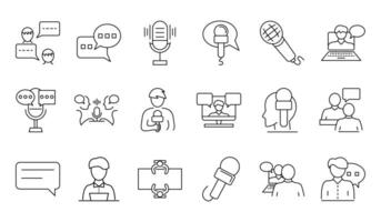 A set of minimalist line icons representing interviews, journalism, and media communication. Includes microphone, reporter, speech bubble, discussion, and broadcasting elements. Editable strokes vector