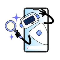 AI robot holding a magnifying glass, emerging from the smartphone screen. has a smiling face. emphasizes the concept of AI technology and digital assistance. vector