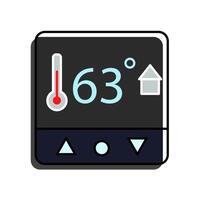 A modern smart thermostat that displays a temperature of 63 degrees. Its digital interface includes a thermometer icon, a house symbol, and control buttons. indicating home automation vector
