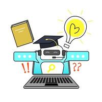 AI robot wearing a graduation cap, symbolizing education and learning. With books and light bulbs symbolizing knowledge and ideas. Relevant content related to education and technology. vector