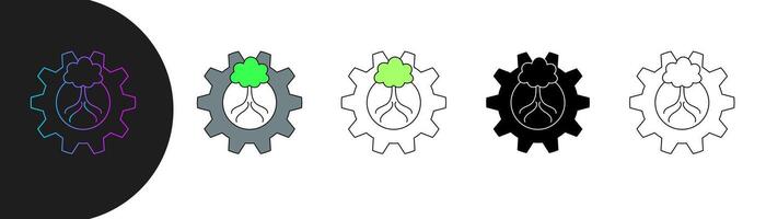 icon featuring a gear with a tree and roots inside, symbolizing the relationship between technology and sustainability. includes style, gradient, colored, outline. editable stroke vector
