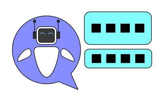 Stylish AI chatbot. The chatbot has a robot face with antennas and a smiling expression, surrounded by purple speech bubbles. Relevant to represent AI, chatbots, and digital communication. vector