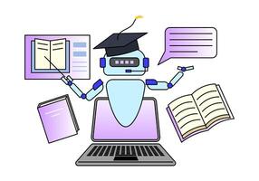 a robot wearing a graduation cap, which symbolizes an AI tutor. surrounded by educational elements such as books, laptops, and speech bubbles, indicating its role in providing educational assistance. vector