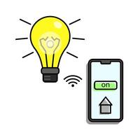 Smart lighting system controlled via smartphone. The image shows a yellow light bulb with a wireless signal icon next to it, indicating a smart connection. Relevant about modern smart home technology vector
