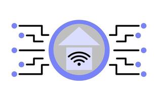 illustration depicting smart home technology featuring a house icon with a WiFi symbol inside, there are abstract circuit lines symbolizing connectivity and integration of technology in the home. vector