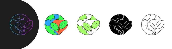 eco friendly icons featuring Earth with two leaves in various styles, gradient, colored, minimalist, solid and outline. relevant to environment, sustainability and nature. Editable stroke vector