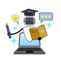 AI robot involved in educational activities. Wearing a graduation cap, holding a pencil and a book symbolizes learning and knowledge. Ideal for educational, technology and AI content. vector