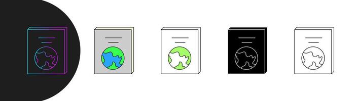 book icon with globe symbol on the cover, symbolizing global knowledge, environmental education, sustainability, and awareness of planetary issues. includes style, gradient, colored, outline. editable vector