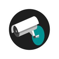 Surveillance camera, showing a white and gray camera mounted on a teal wall bracket, with a black circle background. relevant to security, technology articles, or as an icon for a surveillance system vector