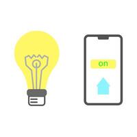 Smart light bulb controlled via smartphone. The smartphone screen displays the word ,on, indicating that the light is on. relevant to modern smart home technology vector