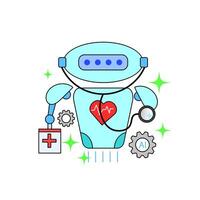 AI healthcare robot with heart symbol, holding medical box and stethoscope, symbolizes artificial intelligence. Relevant to illustrate AI integration in healthcare. vector