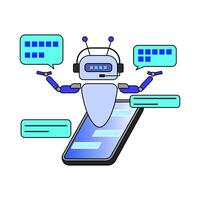 AI assistant robot with headset, smartphone screen and speech bubble. symbolizes advanced technology and communication capabilities. relevant to AI, chatbot, customer service. vector