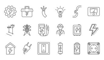 set of electricity icons with minimalist line style. relevant to energy, electricity, engineering and power themes. editable stroke vector
