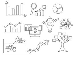 A set of line art depicting machine learning algorithms, data science, predictive analytics, artificial intelligence, decision trees, neural networks. editable line art vector