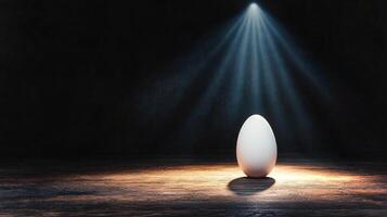 A luminous beam shines down on a solitary white egg resting on a dark wooden surface, creating a dramatic contrast in the low-light setting. photo