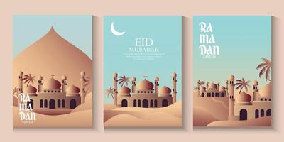 set of ramadan kareem or eid mubarak banners with mosque and palm tree vector
