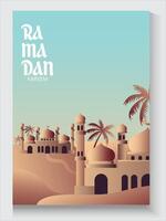 ramadan kareem greeting card background with mosque and palm trees vector