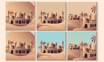 set of different islamic posters with different buildings in the desert for ramadan or eid mubarak vector