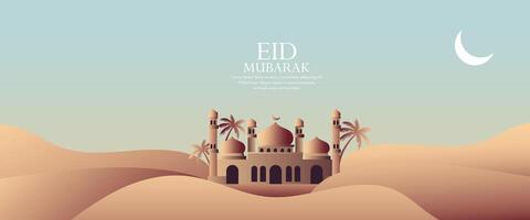 eid mubarak or ramadan kareem kareem background with mosque and palm trees vector
