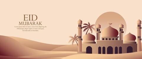 eid mubarak or ramadan background with mosque and palm trees vector