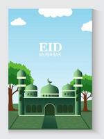 eid mubarak greeting card with mosque and copy space for text illustration vector