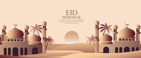 eid mubarak greeting card background with mosque and palm trees vector