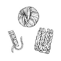 Ball of yarn, skein of knitting thread set. Knitted or crocheted hobby items. Hand drawing black and white line art illustration for handmade, hobby knitters product isolated from background vector