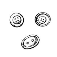 Buttons set. Round sewing item with four and two holes. Hobby handicrafts and sewing object. Black outline hand drawing illustration for handmade blog, product label. Isolated from background vector