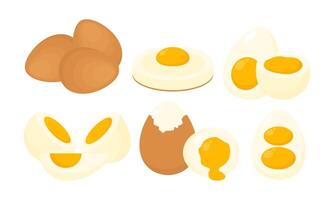 Cooked Eggs, Boiled, Fried, Raw and Pan Eggs Collection. Set of Eggs Flat Illustration. Organic Farm Eggs in Different Forms. vector