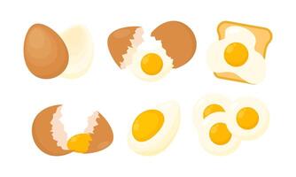 Set of Eggs Flat Illustration. Organic Farm Eggs in Different Forms. Cooked Eggs, Boiled, Fried, Raw and Pan Eggs Collection vector