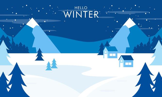 Flat Design Hello Winter Concept Illustration. Winter Landscape Background with Snows Falling and Pine Trees. Design for Wallpaper, Banner, Poster.