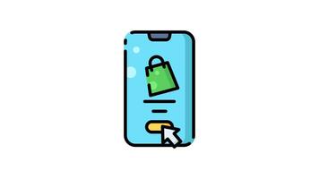 A phone screen displays a shopping bag, a cursor clicks a button animation video