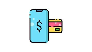 animation of Mobile phone displays dollar sign near credit card. video