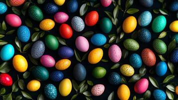 Brightly colored Easter eggs are meticulously arranged on a dark surface, surrounded by green leaves, celebrating the festive spirit of spring and renewal. photo