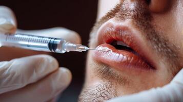 A male client is undergoing a cosmetic procedure focusing on lip enhancement. The practitioner uses a syringe to inject a treatment, highlighting the care and precision involved in the process. photo