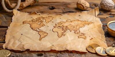 a map of the world is on a piece of paper on a wooden table photo