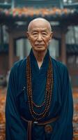 Bald guru in electric blue robe and beaded necklace standing by building photo