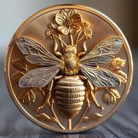 a gold coin with a bee and flowers on it photo