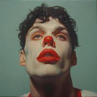 A man wearing a clown nose with red lips and a gesture on his cheek photo