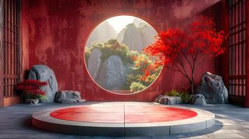Red Zen Garden with Circular Window and Mountain View photo