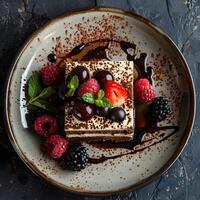 Decadent dessert featuring fresh berries and chocolate sauce on a plate photo